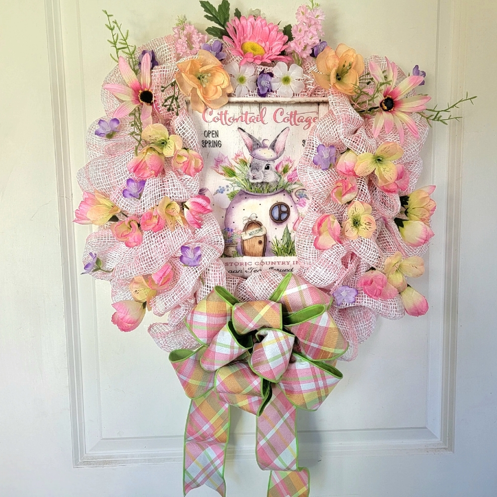 Easter Cottontail Inn Sign Bunny in a Teapot Deco Mesh Bow Floral Rabbit - Picture 2 of 8